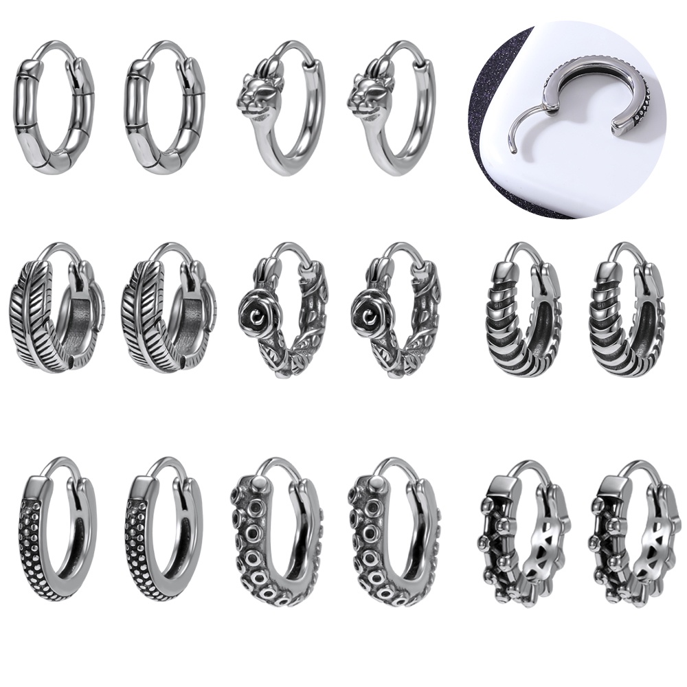 1pasang Anting Hoop Punk Stainless Steel Tengkorak Bulat Anting Cross Bunga Mawar Cricle Earrings Korea Anting Bulu