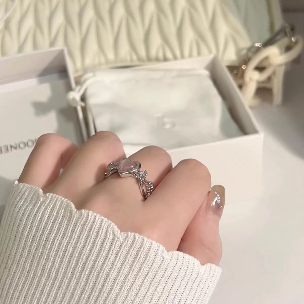 Hadiah Yang Indah Perhiasan Fashion Wanita Sederhana Dapat Disesuaikan Terbuka Elegan Korea Manis Cincin Pesta Wanita Fashion Pink Opal Jantung Jari Cincin