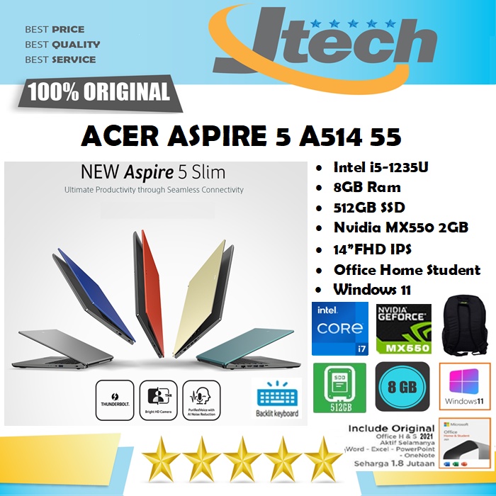 ACER ASPIRE 5 A514-55G - i7-1255U - 16GB - 512GB SSD - MX550 2GB - 14&quot;FHD IPS - WIN11 - OFFICE HOME STUDENT