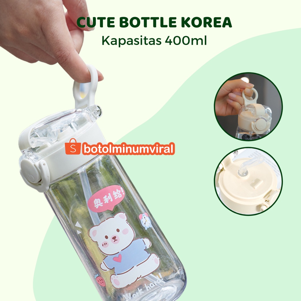 Botol Minum Anak Sedotan Karakter Dino Bear 400 ml BPA Free Lucu Impor Tutup Putih Bening