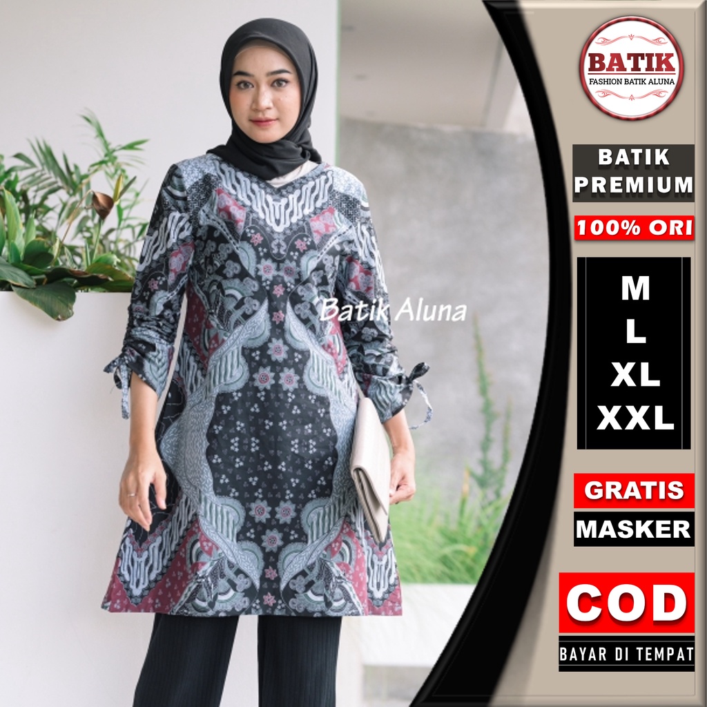 Baju Batik Wanita Lengan Panjang Modern Tunik Premium Bahan Katun Terbaru Kekinian Batik Modern Wanita Jumbo Atasan Batik Wanita Kantor Batik Cewek Modern Couple FASHION BATIK ALUNA