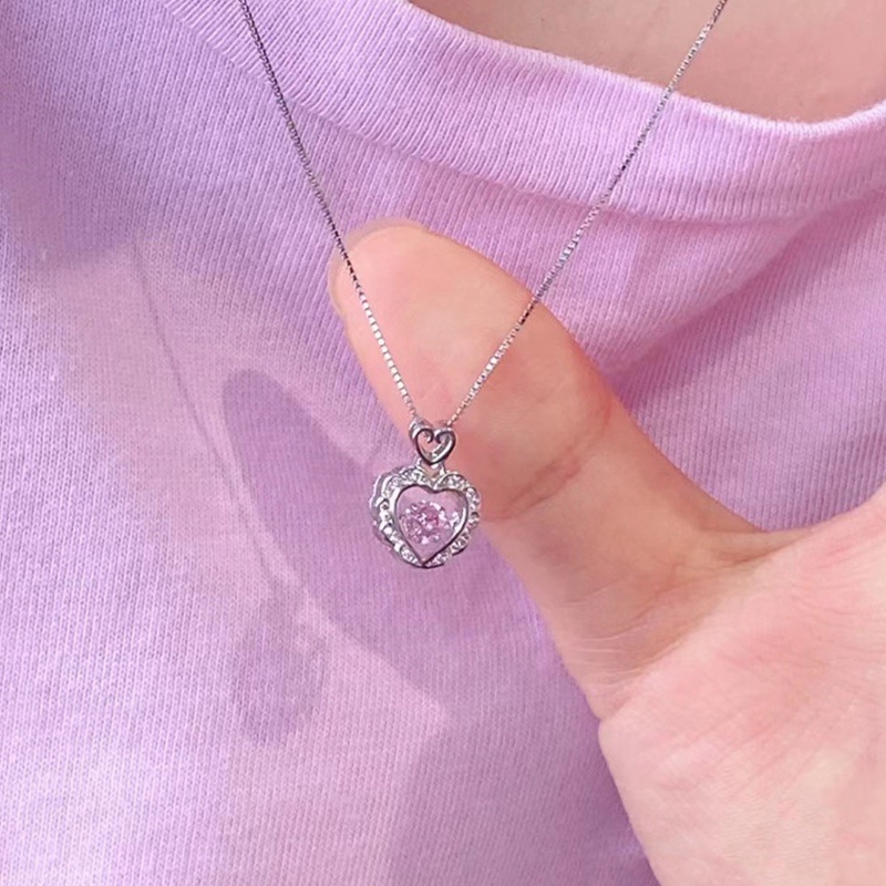 Fancyqube Korea Fashion Hollow Pink Kristal Hati Liontin Kalung Rantai Warna Silver Untuk Wanita Pernikahan Perhiasan Aesthetic