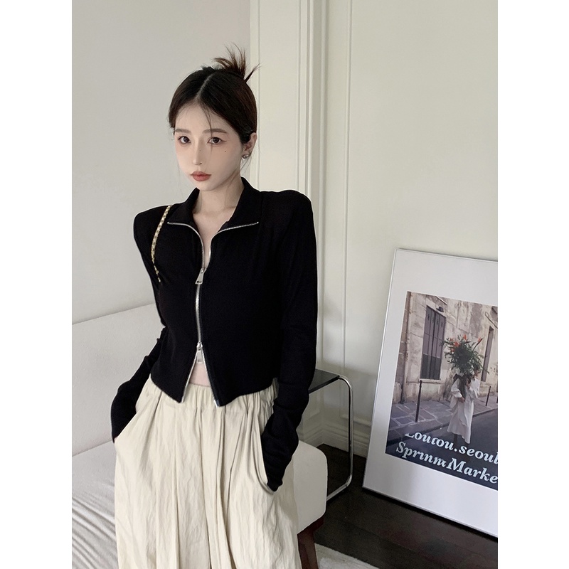 ◄✽Suhao Kerah Rajutan Cardigan Kecil Wanita Musim Gugur Pendek Hitam Hot Gadis Ritsleting Chic Slim Slim Lengan Panjang bottoming Top