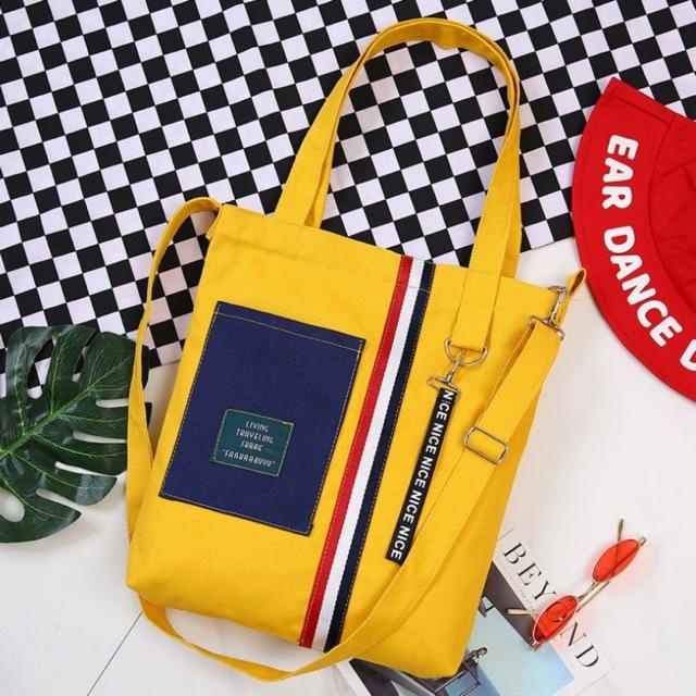 Tote Bag Tas Wanita kuning putih yellow white Korea Keren Sekolah Kerja Kuliah Perempuan Cewek Wanita Murah Laris