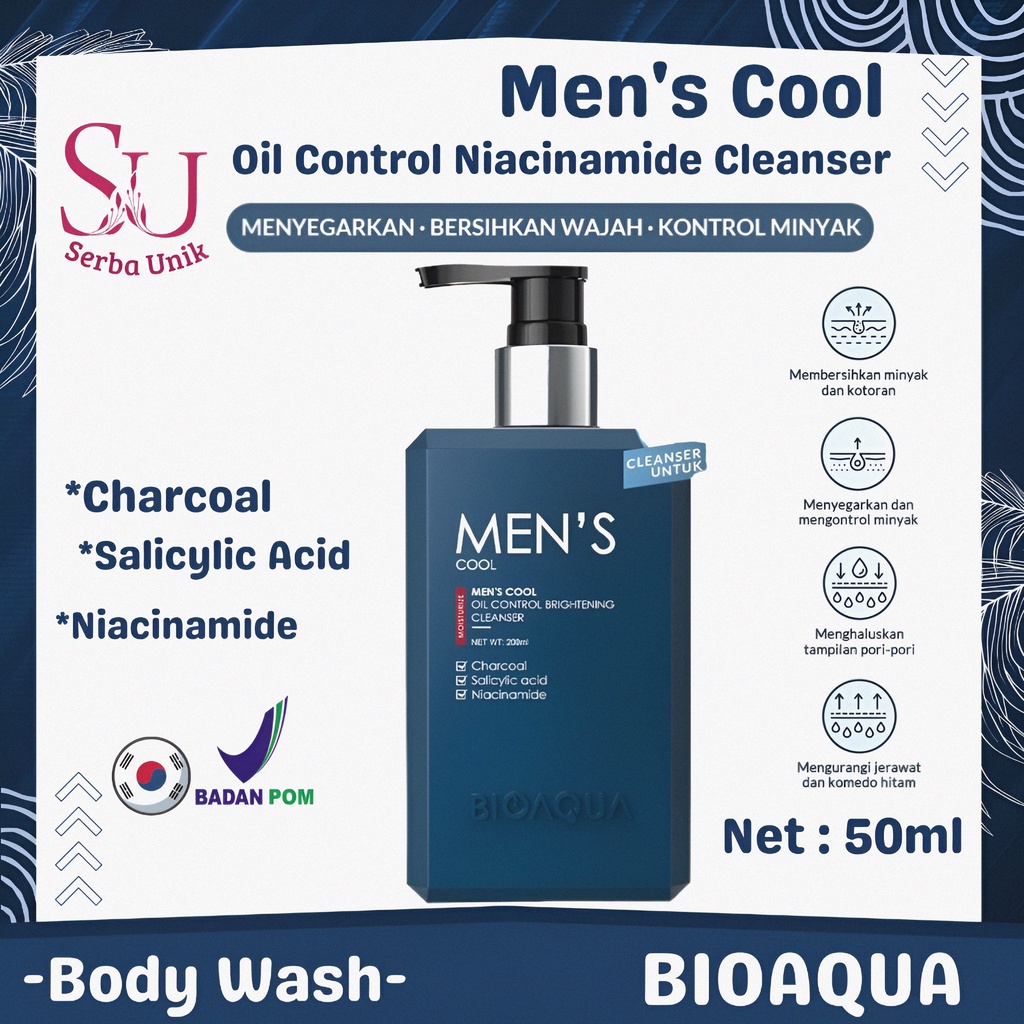 Bioaqua Men's Cool Oil Control Brightening Cleanser 200ml / Sabun Cuci Muka