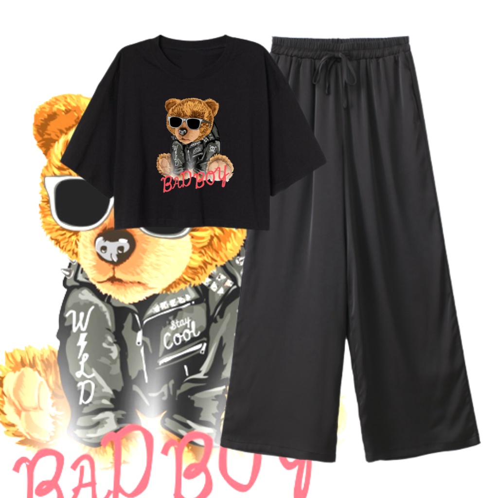 JBF One Set / Setelan Baju Dan Celana (Kaos Crop + Dan Celana Kulot ) Bear Bad Boy