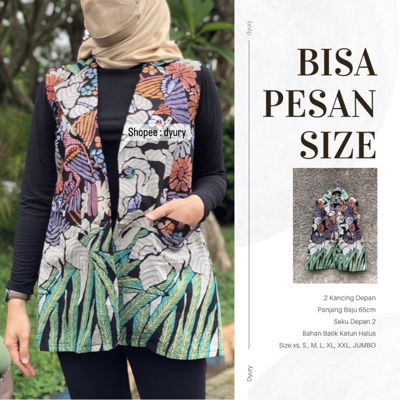 Atasan Outer Rompi Vest Batik Kerja Wanita Modern Jumbo Tanpa Lengan Bahan Katun Halus Solo