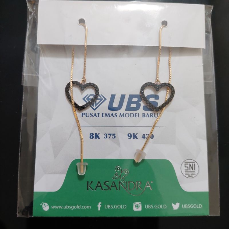 Anting panjang bulat love lubang mata kuning dan putih UBS kadar 375 8K