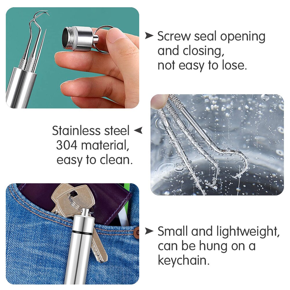 1 Set Tusuk Gigi Portabel Bahan Stainless Steel Dapat Digunakan Kembali
