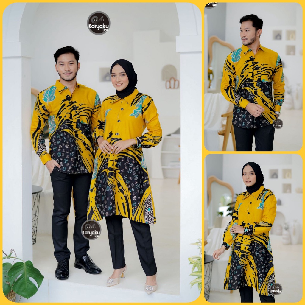 BATIK COUPLE MODERN MOTIF APRILIA NAVI KEMEJA &amp; TUNIK BATIK ATASAN BATIK WANITA BATIK PRIA