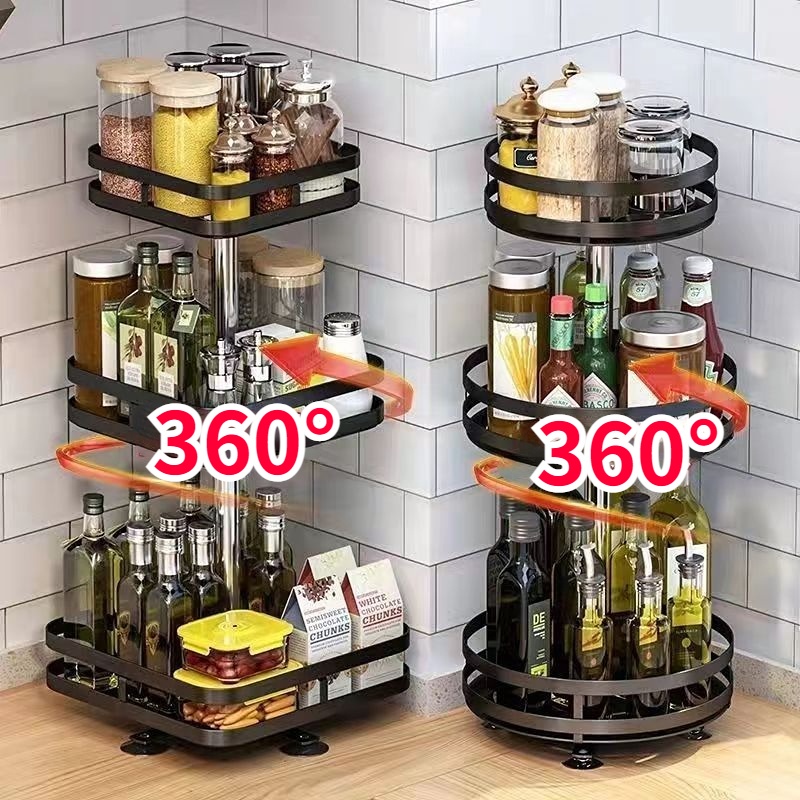 【Ready Stock】360 °Rak Bumbu Putar 2/3 Susun Rak Dapur Stainless Serbaguna Serbaguna Kitchen Spice Rack