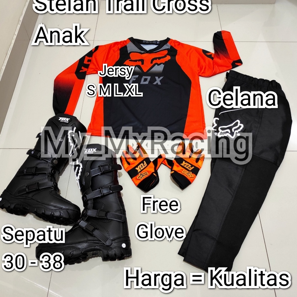 sepatu trail cross anak fullset jersey baju cross trail anak celana anak cocok usia 4 - 12thn ,bonus sarung tangan terlaris printing jerset anak stelan ke gunung offroad kode 008 bisa bayar di tempat