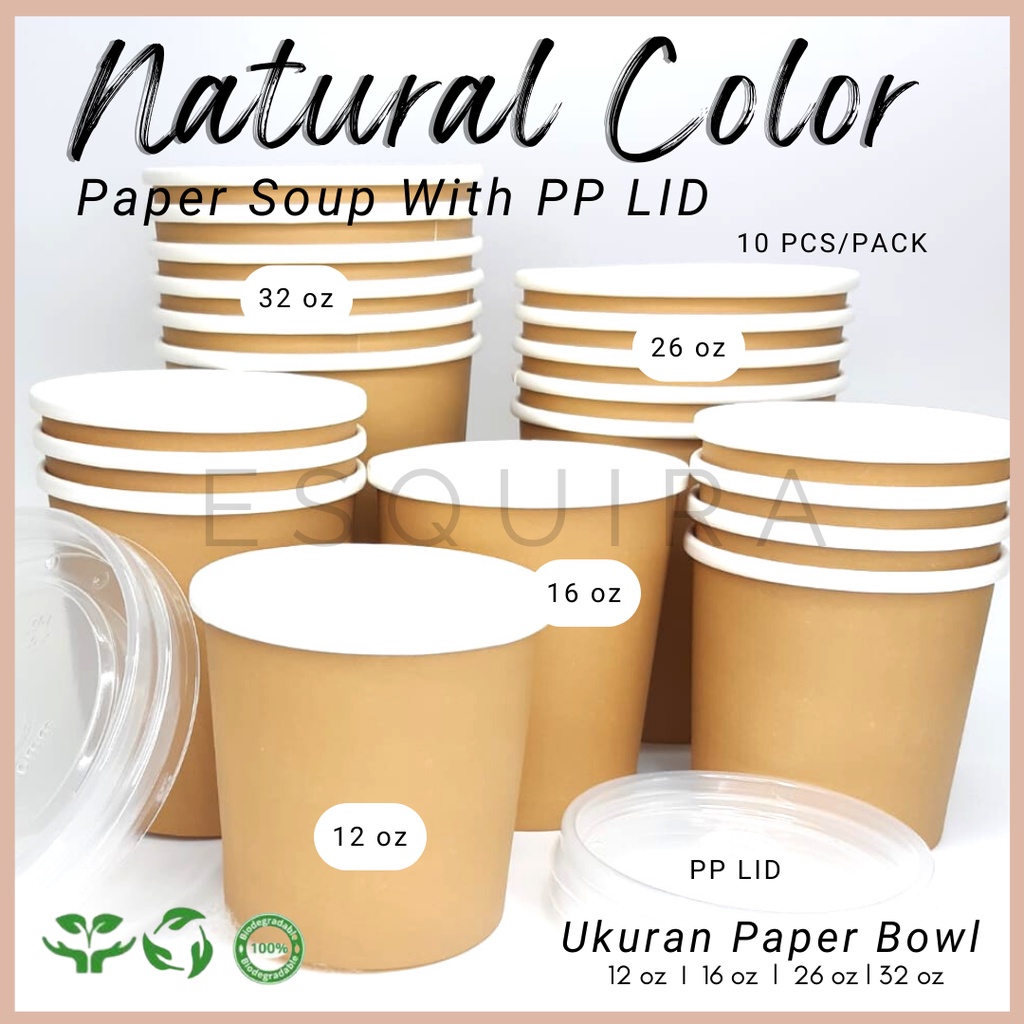 Natural Color Paper Cup Soup / Kraft Cup + PP Lid 10 pcs