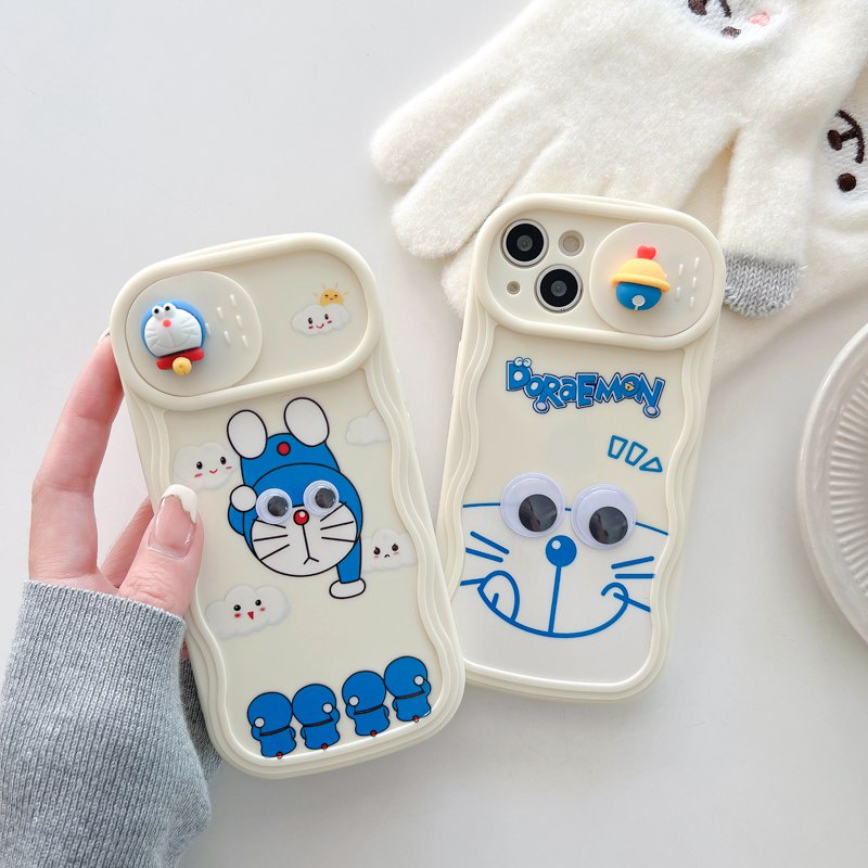 Eyes Move Doraemon Doll Push The Window Cover Soft Case iP iPhone 11 12 13 14 Pro Max + Plus Wavy Casing Apple