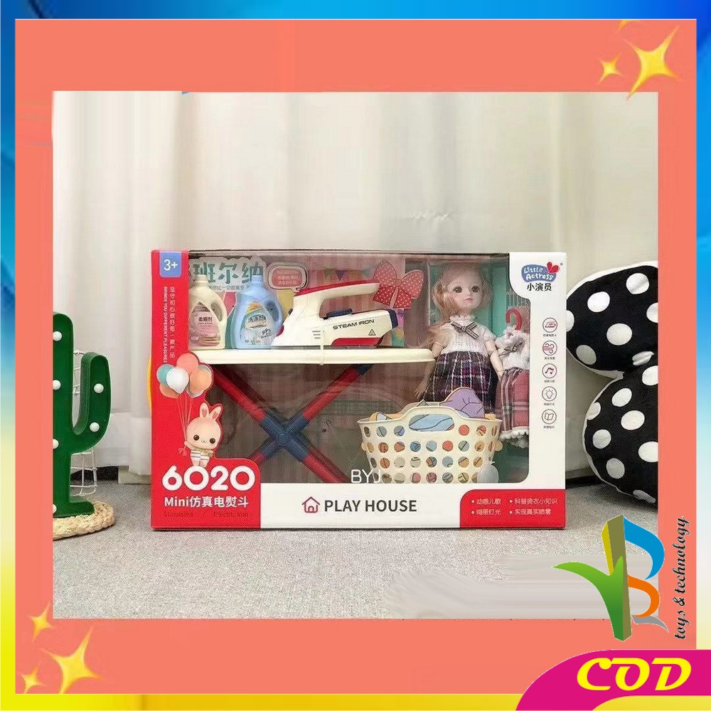 RB-M187 Mainan Setrika Uap Anak Perempuan Playhouse Set Pretend Play Mainan Laundry + Boneka Anak