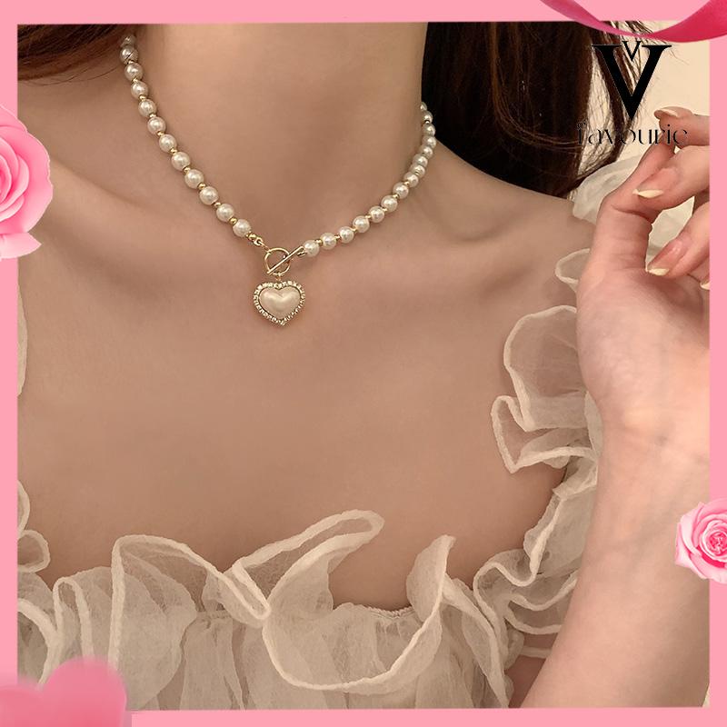 CODMewah Liontin Bentuk Hati Vintage Kalung Mutiara Wanita Elegan Rantai Klavikula Pesona-FA