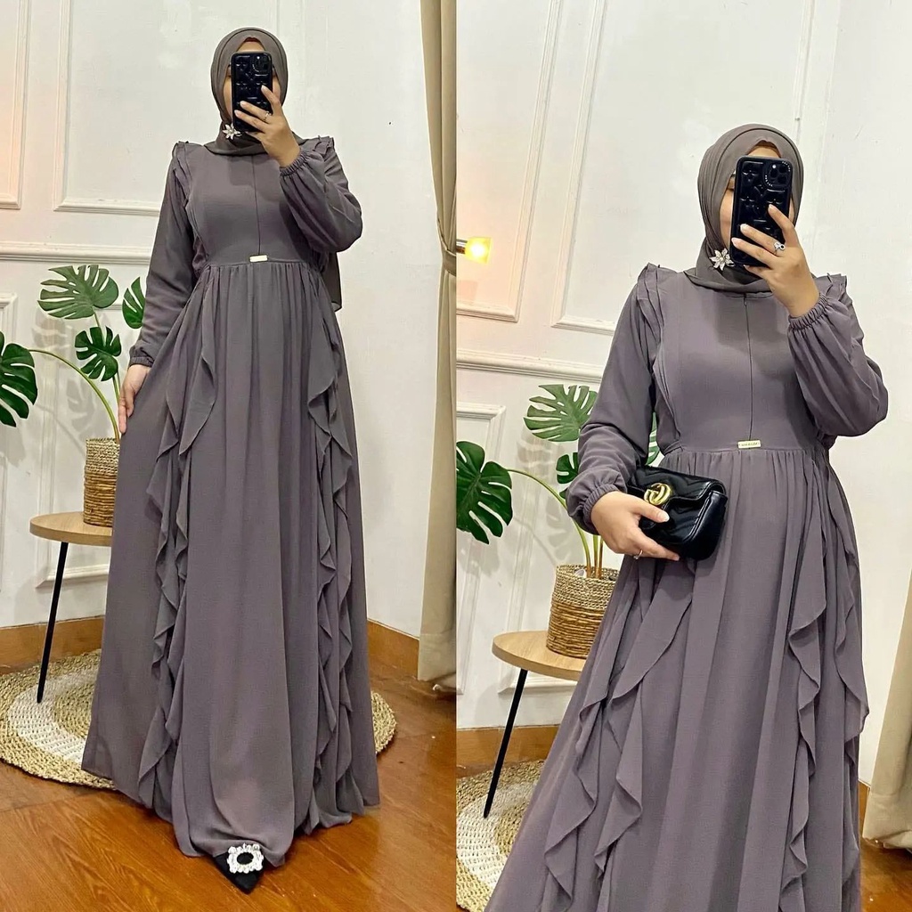 Dress Ruffle Kondangan Modern Zipper Depan / Dres Maxmara Rempel Panjang Fashion Wanita / Gamis Dress Undangan Terbaru / Dress Korean Look Simple / daily dress muslimDress muslim korea / Dress muslim wanita / long dress muslim / drees muslim / Ayeena Dres