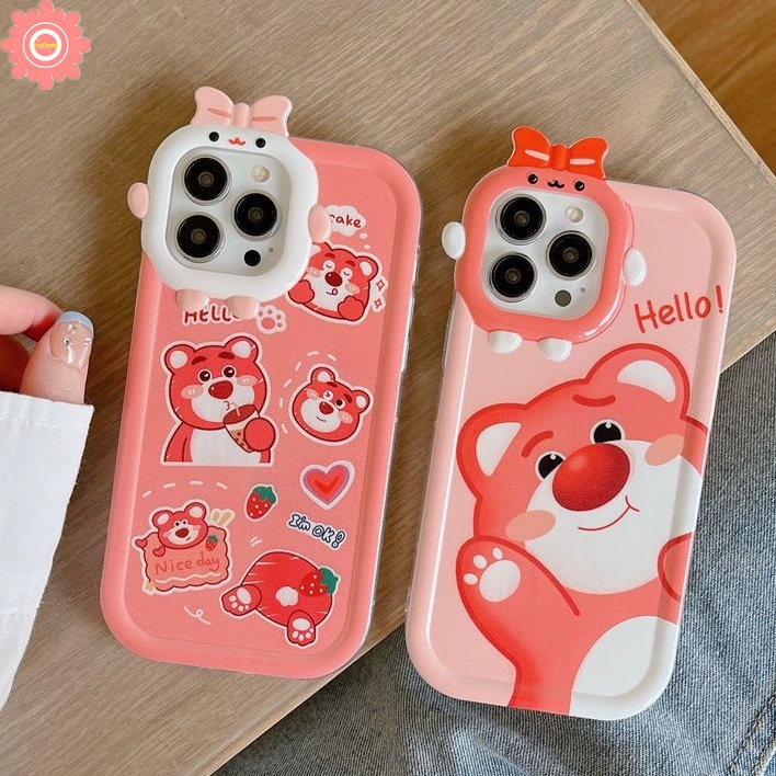 Kartun Strawberry Bear Manyo Case Realme C15 C30 C3 C12 C11 C31 C21 C20 C21Y C35 C33 C25 C25Y C25s 9i 9Pro+9 7i 8 7 5s 8Pro 5i 6i 5 C17 C2 3D Bow Little Monster Lens Lembut Sarung Cover Sarung