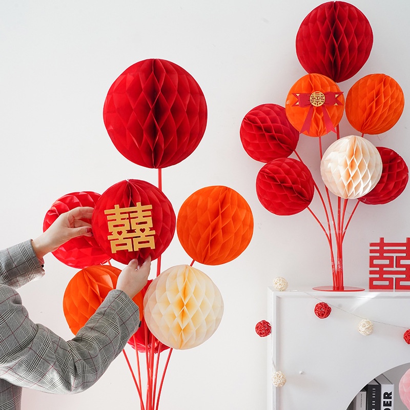 Lampion Kertas Sarang Lebah Merah Bulat/Bunga Berkah Imlek Bola/Lampion Dekorasi Rumah Festival Musim Semi