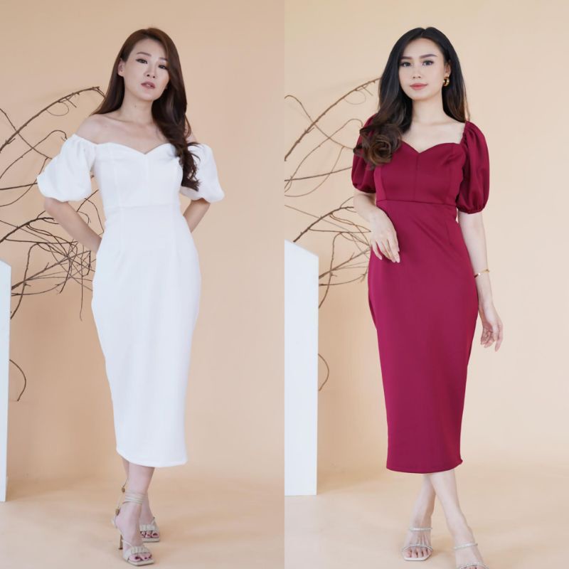 Dress Sabrina Baju Pesta Wanita Natal Christmas Merah Putih Fit to XL Kecil
