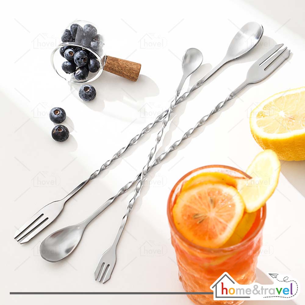 HOVELSHOP Sendok Garpu Stainless Panjang Ulir Pengaduk Minuman Cocktail Serbaguna