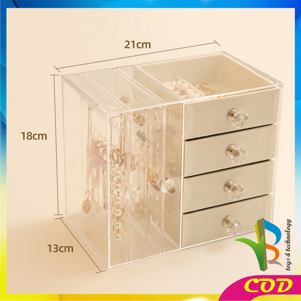 RB-K136 Kotak Perhiasan Tingkat 4 Laci Rak Acrylic Organizer Anting Cincin Anti Debu / Tempat Penyimpanan Aksesoris Kalung Wanita Rak Kosmetik Multifungsi