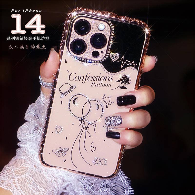 IPHONE Mewah Bling Berlian Bumper Bingkai Balon Stiker Cover Untuk Iphone14 13 11 12 Pro Max Plus Fashion Glitter Ponsel Untuk Iphone12Mini iPhone14Plus Aksesoris