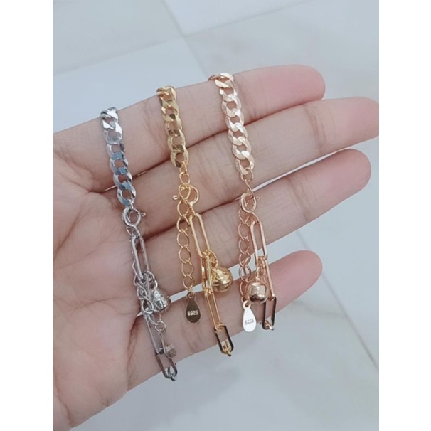 gelang rantai paperclip kombinasi sn +1 bel / gelang perak asli silver 925 lapis emas/ gelang fashion wanita terbaru