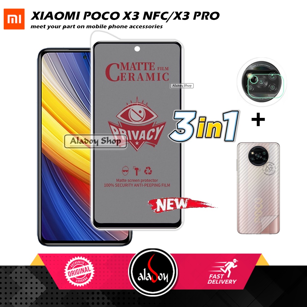 Tempered Glass Anti SPY Xiaomi Poco X3/X3 Pro/X3 NFC Anti Gores Privacy + Tempered Glass kamera dan Skin Carbon