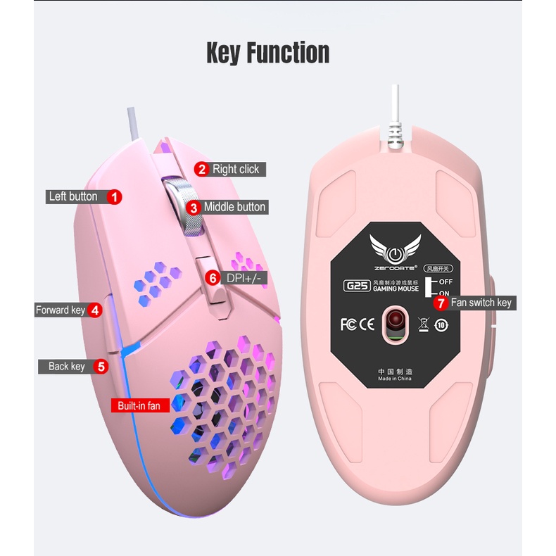 Mouse Kabel USB Dengan Kipas Pendingin 6tombol Mouse Gamer Kantor 800sampai6400 DPI RGB Backlight Mouse Gaming Untuk PC Laptop Tikus