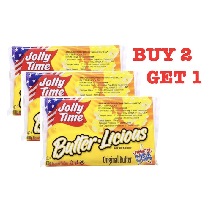 

BUY 2 GET 1 JOLLY TIME BUTTER LICIOUS MICROWAVE POPCORN 100GR