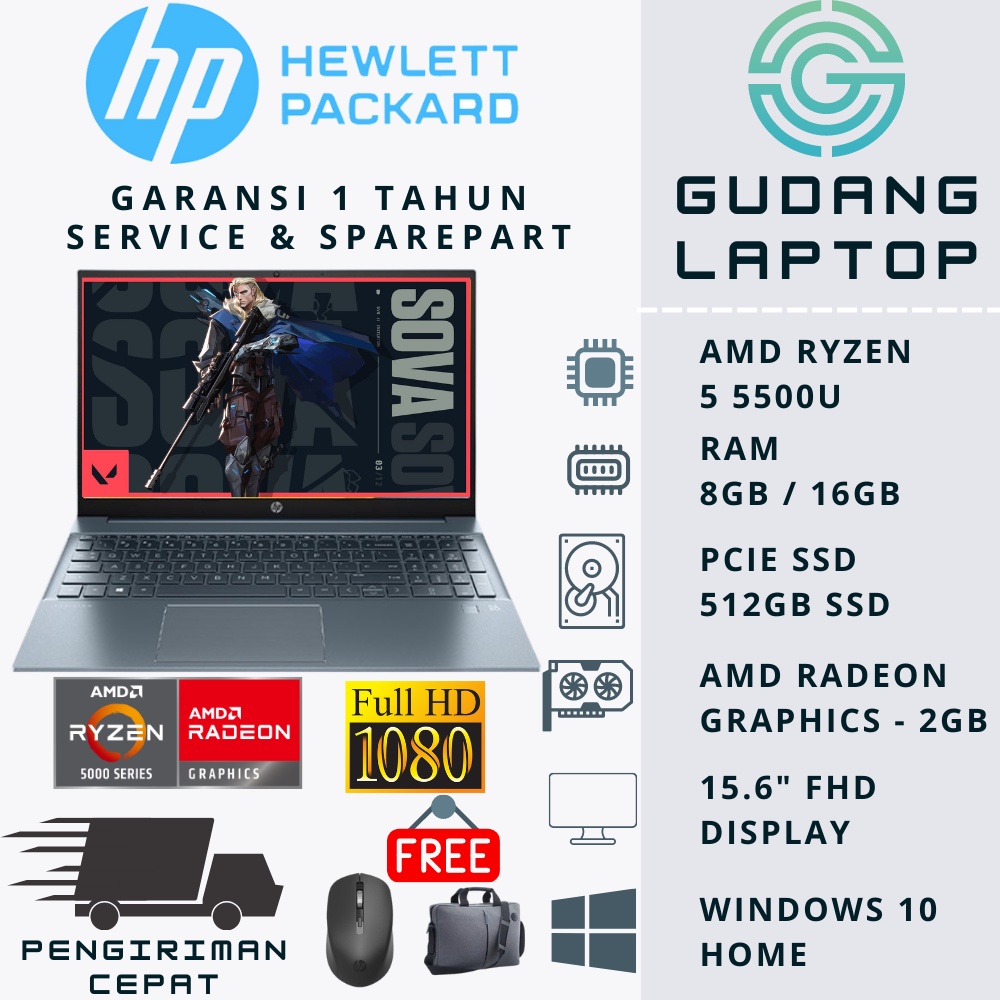 LAPTOP GAMING HP PAVILION 15 AMD RYZEN 7 5700U RAM 16GB SSD 512GB RADEON FHD WIN 11