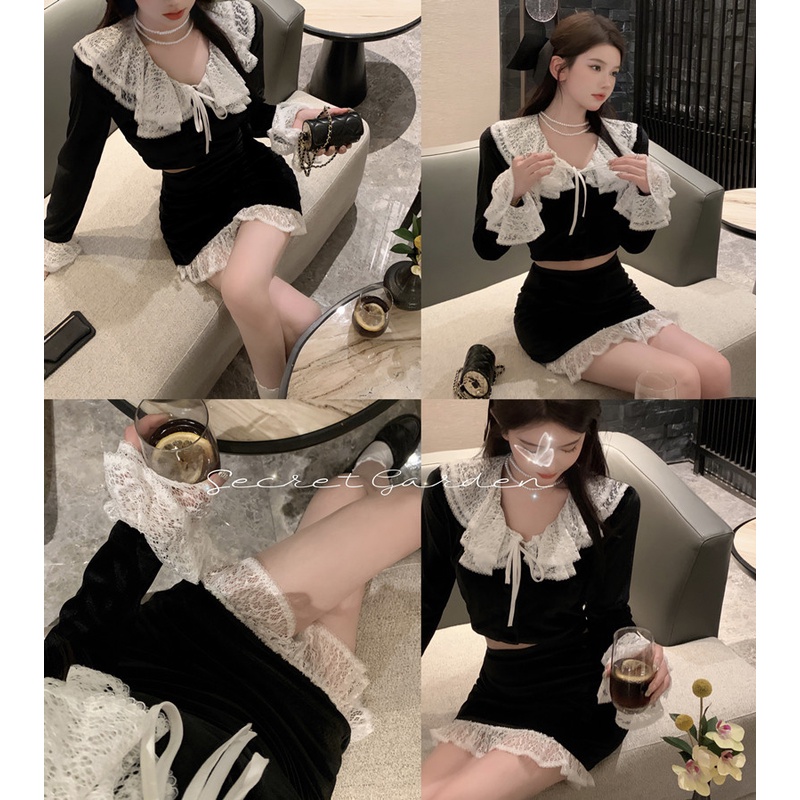 ♠Suhao high-end Perancis wanita temperamen renda kemeja wanita musim gugur beludru setelan hitam tas pinggul rok dua potong set