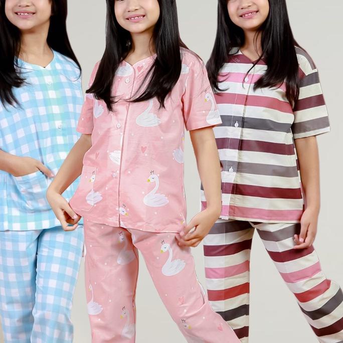 7.7 sale Set Baju Tidur/Piyama Anak Perempuan Laki Laki Katun Kerah Y Motif Garis Kotak Usia 1-15 Tahun