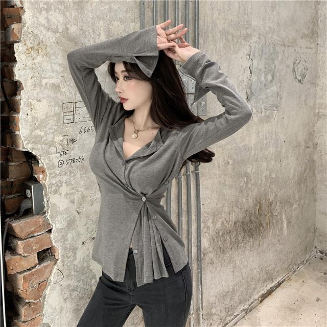 ☇Suhao T-shirt Lengan Panjang Wanita Musim Gugur Gaya Korea Bantalan Bahu Rajutan Slim Fit Outer Wear Inner Bottoming Kemeja 2020 Baru Tren Atas