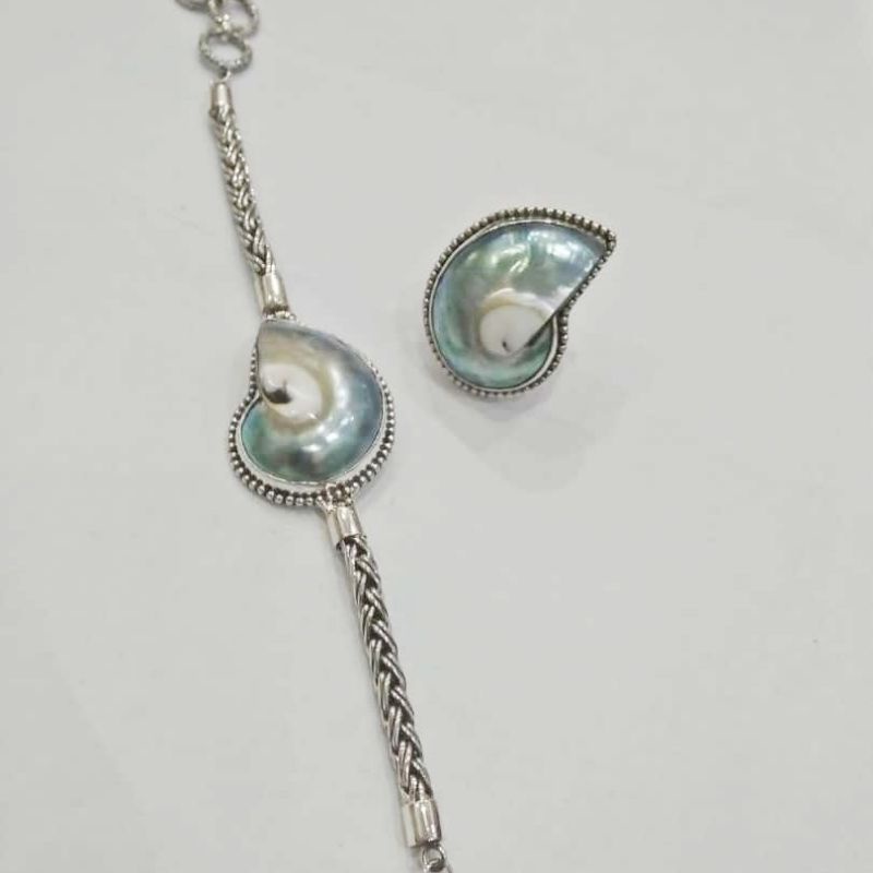 Set Gelang Bracelet Cincin Ring Perak Silver Bali 925 Rantai Kerang Keong Biru Laut Cukli Wanita Pri