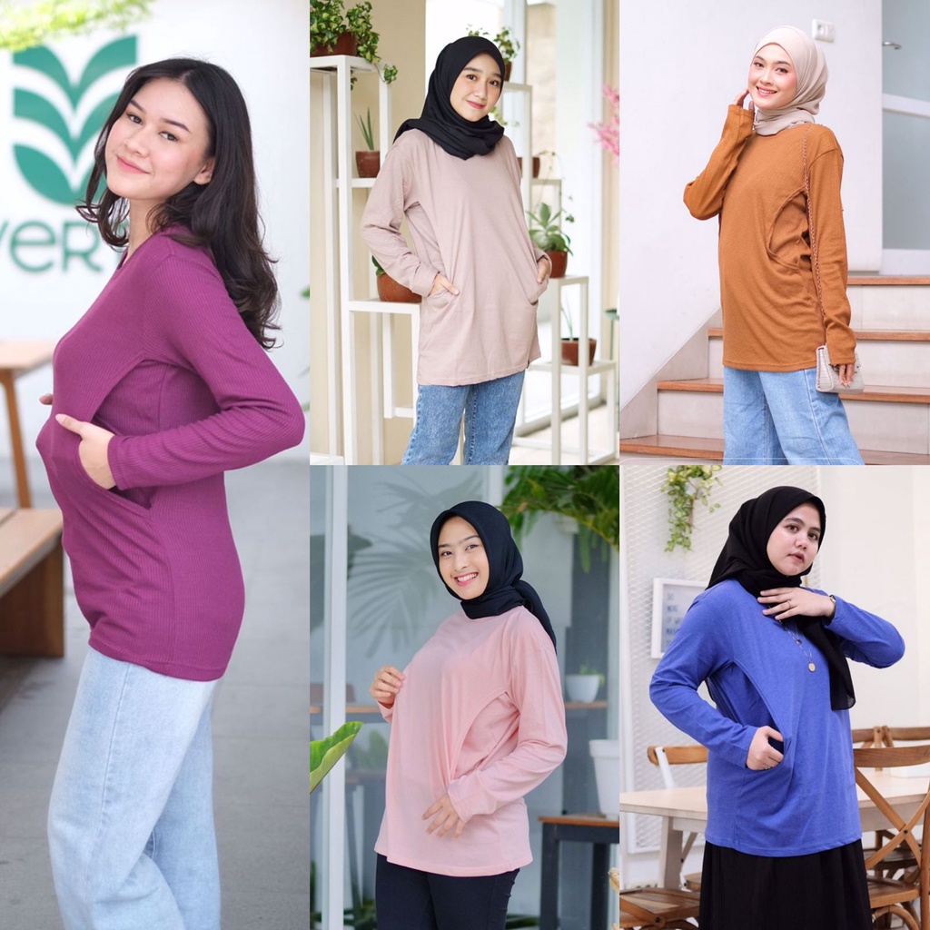 BUNA - Kaos Busui Panjang Bukaan Kanan Kiri Atasan Casual Bahan Knit Rib Wafer Wafel Baby Terry Cotton Spandek Rayon Menyusui Nursing Wear Nursingwear Eriel