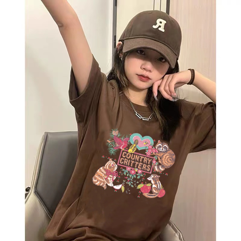 XIAOZHAINV Kaos Atasan Wanita Squirrel Pattern Lengan Pendek A0024