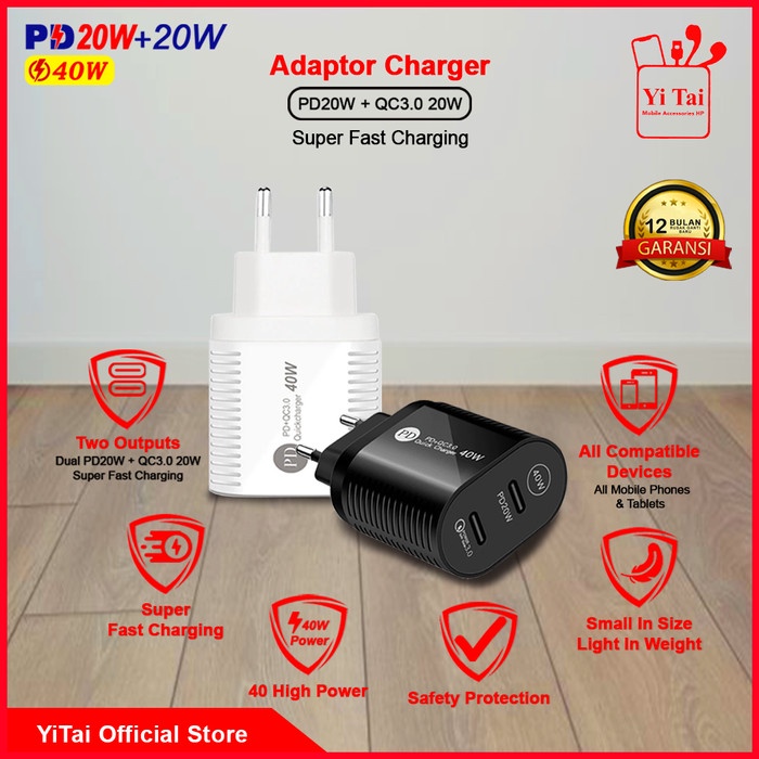 ADAPTOR CHARGER YI TAI DUAL QUICK CHARGE PD40W 2 PORT TYPE C -CG06