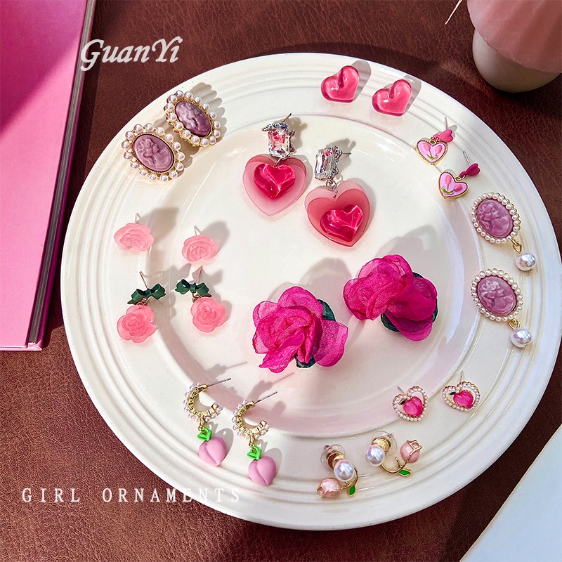 Pink Stud Earrings Ladies Anting Halus Anting Bunga Hati