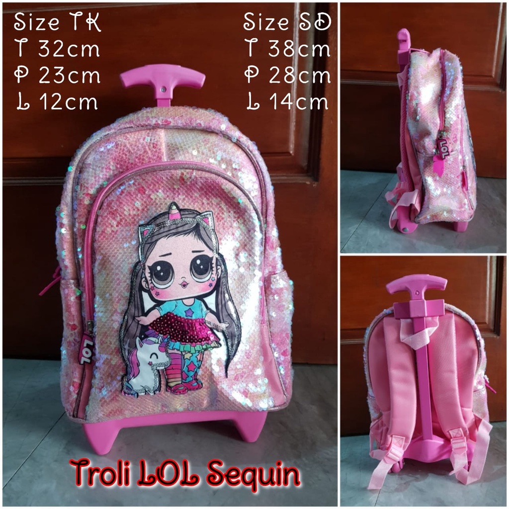 Tas Sekolah Troli Anak TK dan SD Motif Sequin Oval gambar LOL dan Mermaid Tas Koper Dorong Anak Perempuan Import