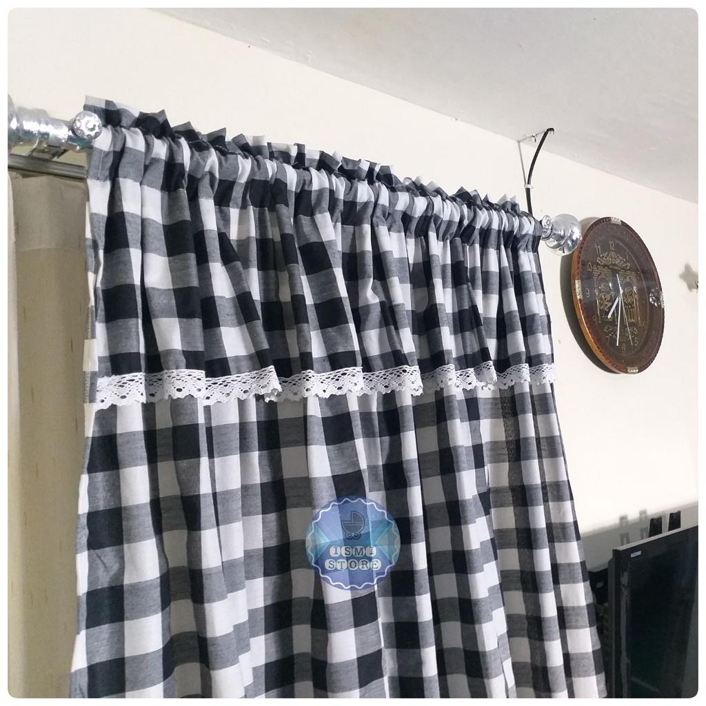 GORDEN PINTU / Tirai JENDELA Minimalis Berhias Poni RENDA RAJUT FREE Tali Motif Kotak Gingham Unik Kekinian Gordeng Jendela by Ismi Store