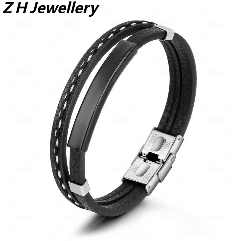 [Z H Perhiasan] Hip Hop Rock Retro Pria Fashion Gelang Kulit Stainless Steel Pesta Perhiasan Aksesoris