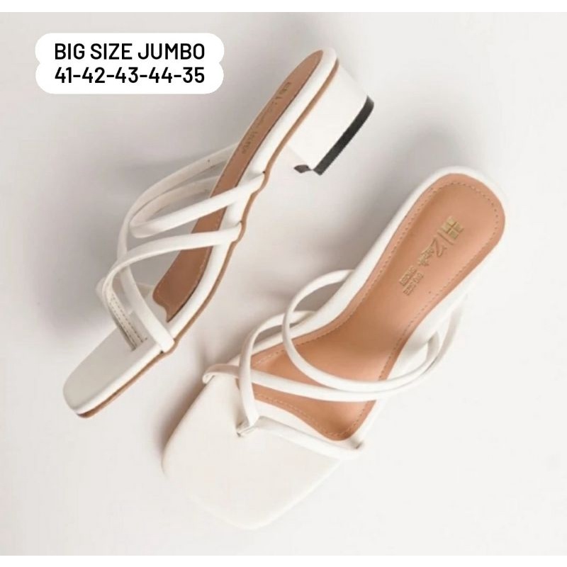 BIG SIZE 41-42-43-44-45 Sendal Tali Putih Jempol TWo Ring White Sandal Wanita Ukuran JUMBO Besar Hak Tahu Rendah 3cm ZV2