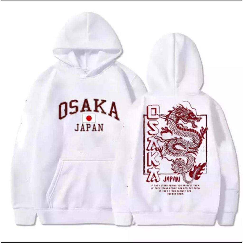 Sweater Hoodie Osaka Japan Putih Bahan Fleece Tebal Gramasi 280 - Jaket Hoodie Pria Wanita Osaka Japan Motip Pullprint Premium Unisex