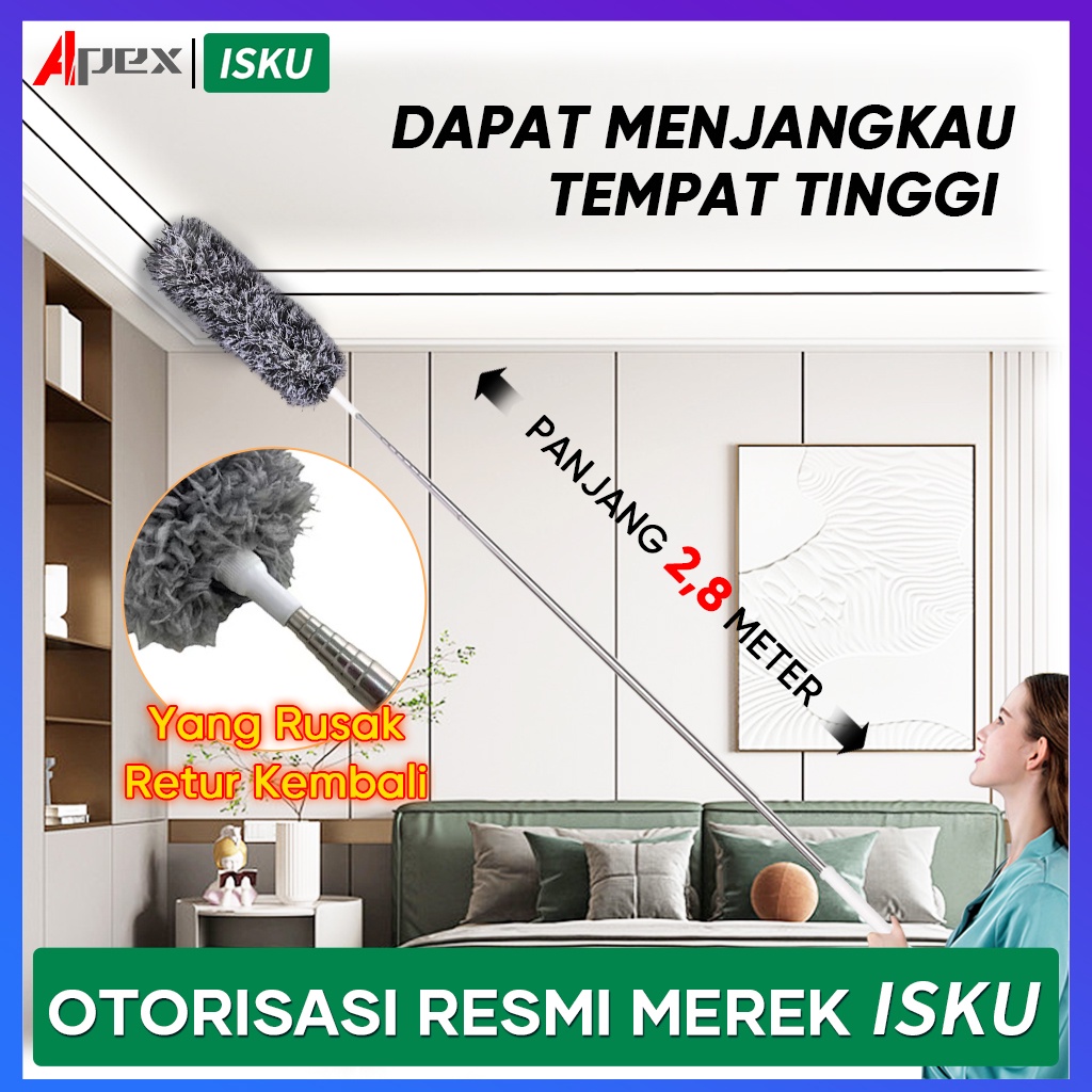 ISKU Sapu Sawang plafon panjang/Kemoceng panjang pembersih langit rumah/kemoceng fleksibel /kemoceng tarik tekuk teleskopik/kemoceng mikro fiber/kemoceng fleksibel tekuk sulak/kemoceng adjustabl serbaguna/2 in 1 Sapu langit gagang panjang