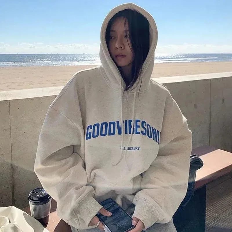 Jacket Sweater GOODVIBESONIY Hoodie Outerwear Pria Wanita Oversize Jumper Kasual Style Fashion Korean