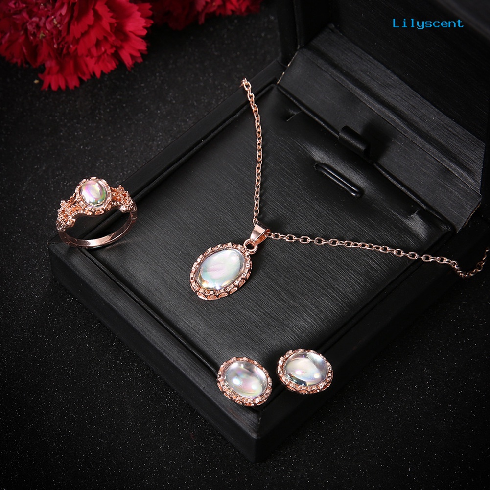 [LS] 3pcs/set Shiny Oval Faux Gemstone Charm Kalung Anting Cincin Wanita Jewelry