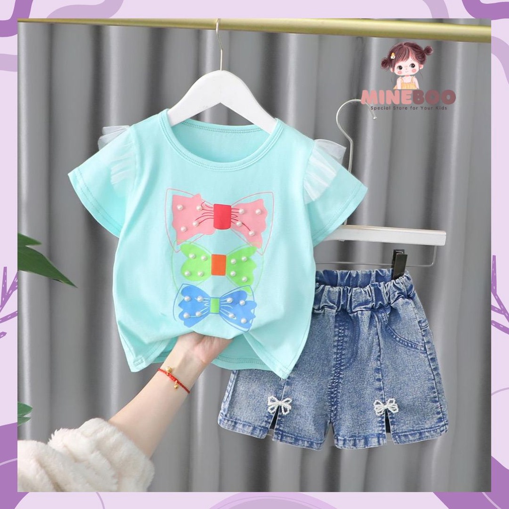 mineboo - SET RIBBON MOTEK EBV 1-5tahun Setelan anak perempuan baru/versi Korea kartun celana denim/baju anak perempuan