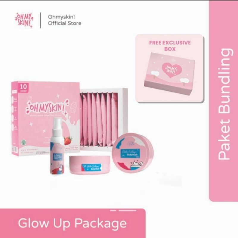 PAKET BUNDLING BODYCARE OHMYSKIN (Collagen drink 10sct/22sct,bodymask Ohmyskin, bodyspray lotion Ohm